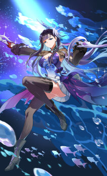 Rule 34 | 1girl, absurdres, air bubble, asymmetrical gloves, black gloves, black hair, black thighhighs, blue eyes, blunt bangs, boots, breasts, bubble, cleavage, closed mouth, colored inner hair, dress, earrings, fish, full body, gem, glint, gloves, gradient background, hair ornament, high heel boots, high heels, highres, holding, holding weapon, honkai: star rail, honkai (series), hysilens (honkai: star rail), jewelry, large breasts, leg up, legs, light particles, long hair, long sleeves, looking at viewer, mismatched gloves, multicolored dress, multicolored hair, ocean, pearl (gemstone), purple dress, red gloves, see-through body, see-through clothes, see-through shrug, see-through sleeves, shrug (clothing), solo, sparkle, tang ke, thighhighs, thighs, underwater, very long hair, water, weapon