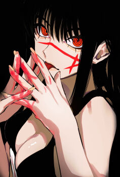 1girl absurdres aegyo_sal black_background black_hair black_tank_top blood blood_on_hands breasts chainsaw_man cleavage cross_scar facial_scar highres large_breasts long_hair looking_at_viewer red_eyes ringed_eyes sailen0 scar scar_on_cheek scar_on_face simple_background solo tank_top tongue tongue_out yoru_(chainsaw_man)