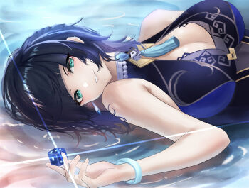 1girl absurdres aqua_hair black_hair blue_hair bracelet breasts commentary_request diagonal_bangs dice from_side genshin_impact highres holding holding_dice jewelry large_breasts legsta long_hair looking_at_viewer looking_to_the_side lying mole mole_on_breast multicolored_hair neck_tassel on_back paid_reward_available parted_lips partial_commentary smile solo tassel upper_body yelan_(genshin_impact)