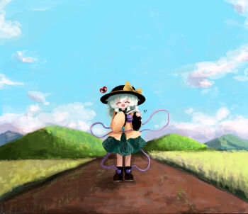 1girl black_hat black_shoes commentary_request contrast_collar grass green_hair green_skirt hair_between_eyes hat hat_ribbon heripantomorrow holding holding_knife knife komeiji_koishi long_sleeves outdoors ribbon shirt shoes skirt smile solo standing third_eye touhou waving wide_sleeves yellow_ribbon yellow_shirt