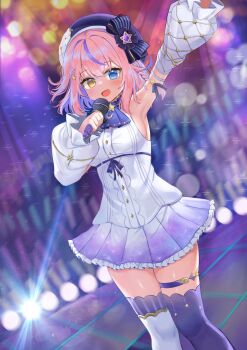 1girl absurdres armpits beret blue_eyes breasts commentary_request crescent detached_sleeves frilled_skirt frills hat heterochromia highres holding holding_microphone kurumizawa_momo_(noripro) looking_at_viewer medium_breasts medium_hair microphone multicolored_hair noripro pink_hair pocari_(sq551) puffy_detached_sleeves puffy_sleeves purple_hair purple_skirt shirt sideboob skirt sleeveless sleeveless_shirt solo stage_lights star_(symbol) streaked_hair thighhighs two-tone_hair virtual_youtuber white_shirt white_sleeves yellow_eyes