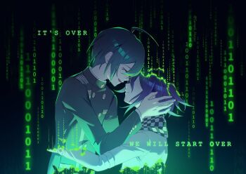 Rule 34 | 2boys, ahoge, binary, black hair, checkered clothes, checkered scarf, closed eyes, collared jacket, commentary request, danganronpa (series), danganronpa v3: killing harmony, digital dissolve, digital rain, dissolving, english text, ewa (seraphhuiyu), eyelashes, flipped hair, from side, green theme, hair between eyes, hands on another's cheeks, hands on another's face, hug, jacket, long sleeves, male focus, medium hair, multiple boys, oma kokichi, open mouth, profile, purple hair, saihara shuichi, scarf, short hair, smile, two-tone scarf, upper body, yaoi