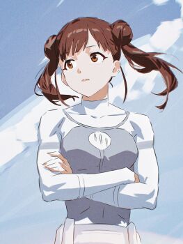 1girl absurdres bodysuit breasts brown_eyes brown_hair closed_mouth cobwvmeti commentary_request cosplay crossed_arms day double_bun grey_bodysuit hair_bun highres idolmaster idolmaster_shiny_colors invincible_(series) looking_to_the_side outdoors solo sonoda_chiyoko twintails