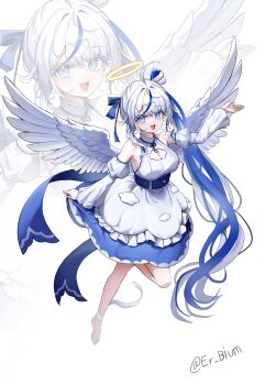 1girl ahoge angel angel_wings aokumo_rin bare_shoulders barefoot blue_eyes blue_hair blue_ribbon blue_skirt breasts cleavage_cutout clothing_cutout cloud_hair_ornament detached_sleeves dress erbium feathered_wings frilled_dress frills full_body hair_ribbon halo highres large_breasts long_hair neck_ribbon open_mouth puffy_sleeves ribbon side_ponytail sideboob skirt solo stellive twitter_username very_long_hair virtual_youtuber white_background white_dress white_hair white_sleeves white_wings wings