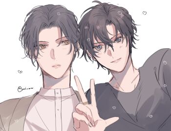 2boys ahoge alternate_costume alternate_hair_length alternate_hairstyle alternate_universe amana_raika black_hair black_shirt brown_coat brown_hair closed_mouth coat contemporary couple grey_eyes hand_up heart jewelry lan_wangji looking_at_another looking_at_viewer male_focus modao_zushi multiple_boys ring shirt short_hair simple_background smile twitter_username upper_body w wedding_ring wei_wuxian white_background white_shirt yaoi yellow_eyes