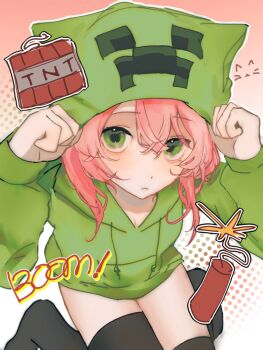 Rule 34 | 1girl, animal ears, animal hood, cat hood, chinese commentary, commentary, creeparka, creeper, english text, explosive, fake animal ears, green eyes, green hoodie, hands up, highres, hood, hood up, hoodie, looking at viewer, minecraft, ning035260, outline, personification, pink hair, short hair, sitting, solo, tnt, tnt block (minecraft), wariza, white outline
