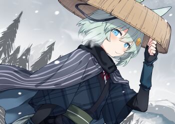 1girl blue_eyes blue_kimono commentary_request fingerless_gloves gloves grey_cloak grey_hair grey_sky highres japanese_clothes kimono mouth_hold sandogasa seiun_sky_(umamusume) sky snow snowing stalk_in_mouth totomono umamusume