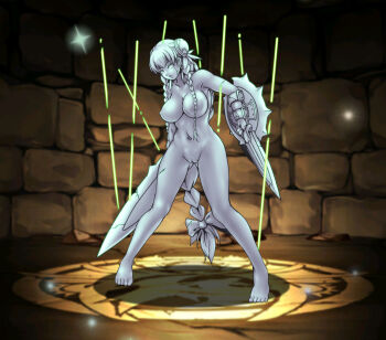 1girl 2015 arm_behind_back arm_shield barefoot braid braided_ponytail breasts brick_wall cleavage cleft_of_venus collarbone colored_eyelashes colored_nipples colored_sclera colored_skin cracked_skin cracked_sword double-parted_bangs dual_wielding full_body gluteal_fold grey_hair grey_nipples grey_sclera grey_skin groin hair_ornament hair_over_breasts hair_ribbon hairband holding impossible_hair indoors legs_apart long_hair looking_down low_ponytail low_twin_braids magic_circle navel ningyoushi no_irises no_pupils nude petrification pigeon-toed ponytail pupiless_eyes puppet_strings pussy ribbon shadow small_nipples solid_eyes solo sparkle spread_legs standing statue stone_skin transformation tri_tails twin_braids very_long_hair