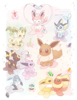 black_eyes black_flower blue_eyes blue_flower blush brown_eyes cherry_blossoms closed_eyes closed_mouth colored_sclera commentary_request dated eevee espeon evolution_stone evolutionary_stone fire_stone flareon flower gen_1_pokemon gen_2_pokemon gen_4_pokemon gen_6_pokemon glaceon green_flower grey_flower highres jewelry jolteon leafeon mkt_(buizu-miki) necklace nintendo no_humans orange_flower petals pink_flower pink_petals pokemon pokemon_(creature) pokemon_focus purple_eyes purple_flower red_sclera sitting smile snow_globe sylveon thunder_stone umbreon vaporeon water_stone yellow_flower