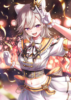 1girl :3 absurdres blonde_hair blush bow bowtie clothing_cutout collar confetti cropped_shirt crown double-parted_bangs facial_mark fangs frilled_collar frills gloves hair_between_eyes hair_bow hair_ornament highres idol_clothes komori_met lightstick looking_at_viewer medium_hair midriff mini_crown navel official_alternate_costume open_mouth pink_eyes puffy_short_sleeves puffy_sleeves sailor_collar sasamisable shirt short_sleeves shoulder_cutout skirt solo stage v virtual_youtuber vspo! white_gloves white_shirt white_skirt