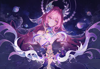 2girls absurdres amphoreus_(honkai:_star_rail) breasts chinese_commentary commentary_request cyrene_(demiurge)_(honkai:_star_rail) cyrene_(honkai:_star_rail) diamond-shaped_pupils diamond_(shape) dress dual_persona furioso halo halo_behind_head highres honkai:_star_rail honkai_(series) large_breasts long_hair mobius_strip multicolored_hair multiple_girls pink_hair planet planetary_ring purple_eyes sitting sky smile space star_(sky) starry_sky symbol-shaped_pupils two-tone_hair very_long_hair white_dress white_hair