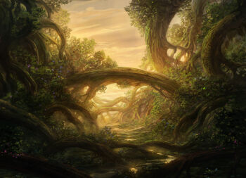 branch commentary english_commentary flower forest highres jjcanvas landscape leaf nature no_humans original painterly plant_roots scenery sky yellow_sky