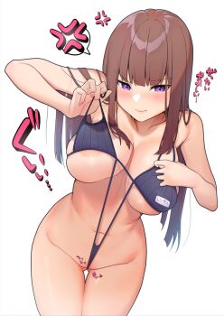 1girl anger_vein areola_slip bare_hips bikini bikini_pull blush breasts brown_hair clothes_pull frustrated highres karinto_yamada large_breasts micro_bikini navel original pulling purple_eyes slingshot_swimsuit solo spoken_anger_vein swimsuit thick_thighs thighs tight_clothes wedgie
