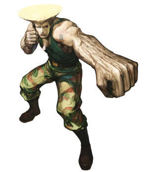 Rule 34 | 1boy, american flag, american flag tattoo, belt, blonde hair, blue eyes, boots, camouflage, capcom, dog tags, flattop, guile, highres, male focus, military, muscular, nona, official art, punching, solo, street fighter, svc chaos, tattoo