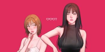 Rule 34 | 2girls, bad thinking diary, black hair, blush, brown eyes, brown hair, grey eyes, kang yuna (bad thinking diary), kim minji (bad thinking diary), long hair, multiple girls, pink background, rangrarii, short hair, yuri