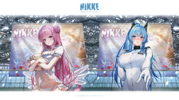 Rule 34 | 2girls, absurdres, artist request, bikini, blue eyes, blue hair, blush, breasts, copyright name, dorothy (nikke), dorothy (serendipity) (nikke), gloves, goddess of victory: nikke, hair ornament, helm (aqua marine) (nikke), helm (nikke), highres, holding, holding stuffed toy, large breasts, long hair, looking at viewer, low wings, multiple girls, navel, official art, parted lips, pink hair, pinne (nikke), purple eyes, shirt, stomach, stuffed toy, swimsuit, very long hair, white bikini, white gloves, white shirt, white wings, wing hair ornament, wings