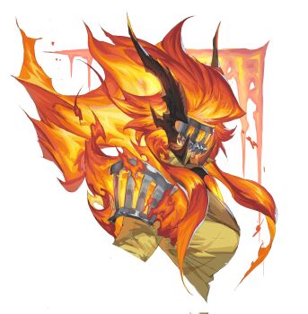 Rule 34 | 1girl, brown horns, collared jacket, facing to the side, fiery hair, fire, full body, highres, horns, jacket, leviair, long hair, orange hair, original, sidelocks, solo, upper body, visor (armor), white background, yellow jacket