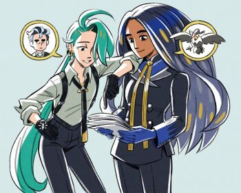Rule 34 | 1boy, ahoge, black gloves, black hair, black jacket, black necktie, black pants, blue gloves, bright pupils, closed mouth, collared shirt, dark-skinned female, dark skin, earrings, effie lealand, geeta (pokemon), gen 4 pokemon, gloves, green hair, grey shirt, hair over one eye, holding, holding paper, jacket, jewelry, larry (pokemon), long hair, long sleeves, multicolored hair, multiple girls, neck ribbon, necktie, nintendo, pants, paper, pointing, pokemon, pokemon (creature), pokemon sv, ponytail, red eyes, ribbon, rika (pokemon), shirt, smile, speech bubble, staraptor, suspenders, yellow ribbon