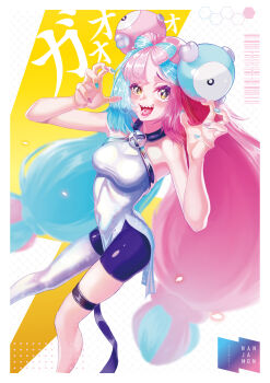 1girl absurdres blue_hair border bow-shaped_hair breasts character_hair_ornament commentary_request criss-cross_halter fake_hair_bun gen_1_pokemon grey_pantyhose hair_ornament halter_shirt halterneck hexagon_print highres ijiwaru_(a2184184) iono_(pokemon) long_hair magnemite medium_breasts multicolored_hair nintendo no_jacket open_mouth pantyhose pink_hair pokemon pokemon_sv raised_eyebrows sharp_teeth single_leg_pantyhose smile solo split-color_hair teeth white_border x_(symbol)