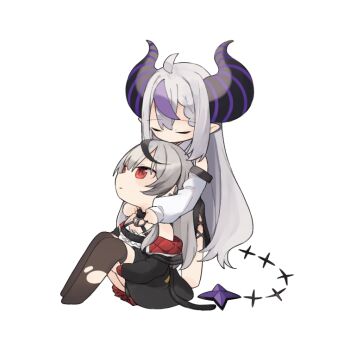 2girls black_hair black_jacket black_thighhighs chibi closed_eyes commentary_request demon_girl demon_horns demon_tail dress grey_hair hololive horns hug hug_from_behind jacket knees_up la+_darknesss la+_darknesss_(1st_costume) long_hair multicolored_hair multiple_girls pointy_ears purple_hair red_eyes safai sakamata_chloe sakamata_chloe_(1st_costume) simple_background streaked_hair tail thighhighs torn_clothes torn_thighhighs very_long_hair virtual_youtuber white_background white_dress