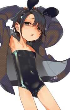 1girl animal_ears arms_up black_eyes black_hair cameltoe flat_chest jacket loli looking_at_viewer miyamae_(miyazen9311) open_clothes open_jacket open_mouth original playboy_bunny rabbit_ears short_haired_girl_(miyazen) solo wet