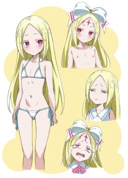 1girl annoyed bare_arms bare_legs bare_shoulders bikini blonde_hair collarbone commentary multiple_expressions facial_mark flat_chest forehead_mark gluteal_fold groin highres light_blush loli long_hair looking_at_viewer mahou_shoujo_ni_akogarete momendoufu morino_korisu multiple_views navel nero_alice nipples nude open_mouth parted_bangs red_eyes ringed_eyes rolling_eyes side-tie_bikini_bottom simple_background squinting stomach string_bikini swimsuit yellow_background