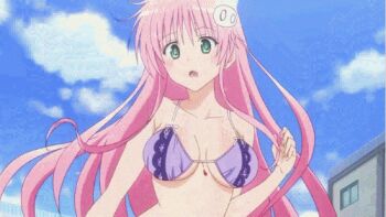 1girl animated animated_gif anime_screenshot ass bikini blush bra breast_press breasts demon_tail female_focus green_eyes lala_satalin_deviluke lingerie long_hair lowres navel panties peke_(to_love-ru) pink_hair side-tie_panties solo swimsuit tail thong to_love-ru undersized_clothes underwear wardrobe_malfunction wedgie