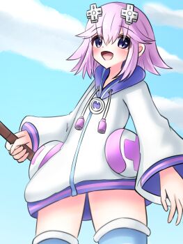 1girl absurdres blush cloud d-pad d-pad_hair_ornament hair_ornament highres hood hoodie kid_tori neptune_(neptunia) neptune_(series) open_mouth outdoors purple_eyes purple_hair short_hair sidelocks socks solo striped_clothes striped_socks striped_thighhighs thighhighs