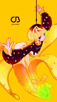 1girl absurdres ass banana_peel bare_legs barefoot blonde_hair brown_hair brown_shirt chocolate-covered_food chocolate_banana commentary_request frown gradient_hair grey_eyes highres jo_suke looking_at_viewer multicolored_hair original outstretched_arms personification shirt simple_background solo spread_arms yellow_background