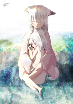 2girls age_difference albino animal_ears blush bug butterfly closed_eyes clothed_female_nude_female colored_eyelashes floppy_ears highres hug insect japanese_clothes kimono loli medium_hair multiple_girls nude onee-loli original pale_skin purple_eyes water white_hair yumineko_(yukimasa1017) yuri