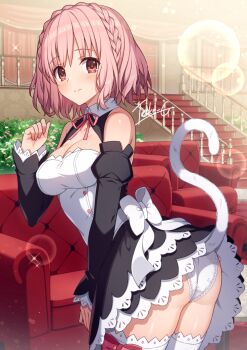 1girl bare_shoulders braid breasts bush cat_tail cleavage commission couch crown_braid curtains date_a_live date_a_live:_rinne_utopia detached_sleeves dream_c_club dream_c_club_(series) highres indoors long_sleeves looking_at_viewer maid medium_breasts neck_ribbon panties pantyshot pink_hair pixiv_commission red_eyes red_ribbon ribbon short_hair signature solo sonogami_rinne stairs t@ke-g tail thighhighs underwear white_thighhighs