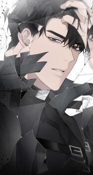Rule 34 | 1boy, aegyo sal, black coat, black eyes, black hair, black shirt, broken glass, chest belt, clenched teeth, coat, curtained hair, glass, hand on own head, highres, looking at viewer, narrowed eyes, omniscient reader's viewpoint, open clothes, open coat, popped collar, refraction, serious, shirt, short hair, solo, tanppopo9, teeth, upper body, yoo joonghyuk