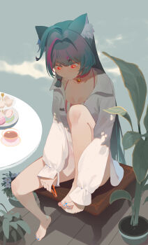 1girl absurdres animal_ear_fluff animal_ears applying_pedicure barefoot bell blue_nails breasts c-749 cake_stand cat_ears cat_girl chair chinese_commentary choker cleavage clipping_toenails commentary_request cup cupcake feet_on_chair fingernails flower_pot food green_hair hair_intakes hair_ornament hand_on_own_foot highres holding holding_own_foot leaf long_hair long_sleeves looking_down macaron mint_(leisurely_holiday)_(nte) mint_(nte) multicolored_hair nail_clippers nail_polish neck_bell neverness_to_everness no_pants pink_choker plant purple_hair purple_streaks shirt sitting solo stool streaked_hair table tea teacup toenail_polish toenails white_shirt white_sleeves wooden_floor x_hair_ornament