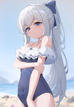 1girl absurdres bare_shoulders beach black_ribbon blue_archive blue_bow blue_one-piece_swimsuit blurry blurry_background blush bow breasts casual_one-piece_swimsuit chinese_commentary closed_mouth collarbone commentary covered_navel cowboy_shot frilled_one-piece_swimsuit frills hair_bow hand_on_own_arm high_ponytail highleg highleg_one-piece_swimsuit highres long_hair looking_at_viewer making-of_available miyako_(blue_archive) miyako_(swimsuit)_(blue_archive) no_halo off-shoulder_one-piece_swimsuit off_shoulder official_alternate_costume official_alternate_hairstyle one-piece_swimsuit outdoors painttool_sai_(medium) ponytail purple_eyes ribbon sidelocks sky small_breasts smile solo spaghetti_strap split_mouth swimsuit very_long_hair wet wet_clothes white_hair yizhi_qingwa_gua