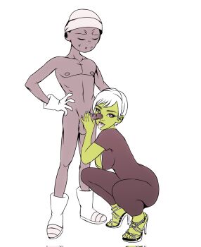 1girl bodysuit boots breasts cheelai colored_skin dragon_ball dragon_ball_super feet fellatio gloves green_skin hat high_heels highres lemo_(dragon_ball) medium_breasts mozartav oral penis purple_eyes saliva squatting testicles tongue tongue_out white_hair