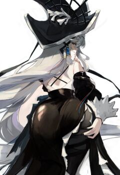 Rule 34 | 1girl, aqa, arknights, ass, ass focus, back cutout, black dress, black hat, black nails, black pantyhose, clothing cutout, commentary request, detached sleeves, dress, finger to mouth, from behind, hand on own ass, hat, highres, long hair, long sleeves, looking at viewer, looking back, pantyhose, parted lips, red eyes, shushing, sleeve cuffs, sleeveless, sleeveless dress, smile, solo, specter (arknights), specter the unchained (arknights), two-sided fabric, two-sided headwear, white background, white hair, white hat