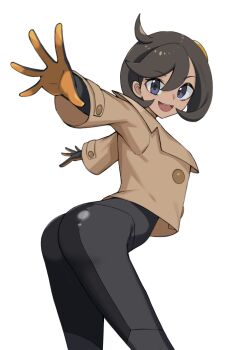 1girl :d absurdres arched_back ass black_bodysuit blue_eyes bodysuit brown_jacket commentary_request emma_(pokemon) gloves hair_between_eyes highres jacket leaning_forward long_sleeves looking_at_viewer nintendo open_mouth pokemon pokemon_legends:_z-a simple_background smile solo spread_fingers teeth tsuneshima upper_teeth_only white_background