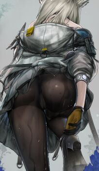 absurdres ankle_strap arknights arknights:_endfield ass ass_focus black_pantyhose cameltoe from_behind from_below gloves high_heels highres hood hood_down ivinetope jacket non-web_source panties panties_under_pantyhose pantyhose perlica_(arknights) underwear wet white_jacket