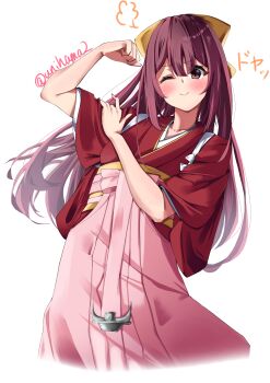 Rule 34 | 1girl, absurdres, anchor ornament, bow, commentary request, feet out of frame, flexing, hair bow, hakama, highres, japanese clothes, kamikaze (kancolle), kantai collection, kimono, long hair, looking at viewer, meiji schoolgirl uniform, one eye closed, pink hakama, purple eyes, purple hair, red kimono, simple background, smug, solo, tasuki, teishokuya unihama, white background, yellow bow