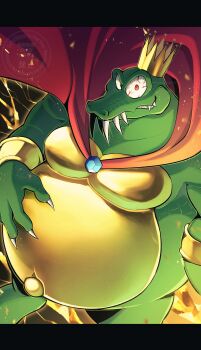 1boy biceps bloodshot_eyes cape claws colored_skin crocodile_boy crocodilian crown donkey_kong_(series) donkey_kong_country evil_grin evil_smile fangs fat floating_cape furry furry_male green_skin grey_background grin king_k._rool muscular nintendo pectorals red_cape runapiero sharp_teeth simple_background smile teeth