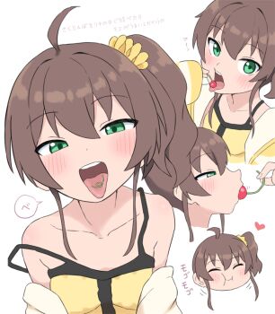 1girl ahoge blush brown_hair bubukka camisole cherry food fruit green_eyes loli multiple_views natsuiro_matsuri open_mouth scrunchie side_ponytail yellow_camisole
