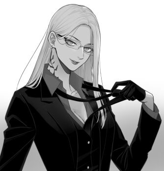 1girl absurdres breasts cleavage collared_shirt earrings glasses glint gloves gradient_background greyscale highres jacket jewelry lips long_hair long_sleeves looking_at_viewer medium_breasts monochrome mugennitaberu necktie original parted_lips rectangular_eyewear removing_necktie rimless_eyewear shirt simple_background smile solo suit_jacket upper_body vest waistcoat wing_collar