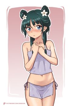 1girl blue_eyes blush camisole commentary cowboy_shot double_bun flat_chest flower frown green_hair hair_bun hair_flower hair_ornament hair_tubes highres i.ruean kusuriya_no_hitorigoto loincloth maomao_(kusuriya_no_hitorigoto) purple_camisole solo watermark web_address wet