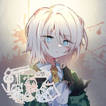 1girl black_gloves cleaning_eyewear cleaning_rag collared_shirt commentary_request commission faust_(project_moon) gloves green_jacket hands_up highres homura792 jacket limbus_company necktie parted_lips project_moon seven_association_south_uniform shirt short_hair sidelocks solo white_hair white_shirt yellow_necktie