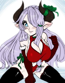 bikini blue_eyes blush bow breasts cleavage cow_horns draph fur_trim gluteal_fold granblue_fantasy hair_between_breasts hair_over_one_eye highres horns lingerie long_hair looking_at_viewer narmaya_(granblue_fantasy) navel on_one_knee one_eye_covered pink_hair pointy_ears santa_bikini santa_costume simple_background swimsuit teevo thighhighs underwear