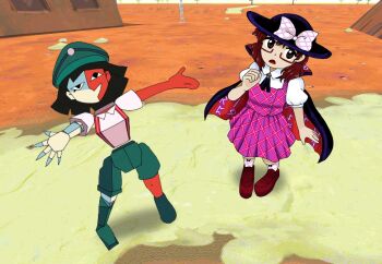 2girls ascot aurora_artz black_ascot black_cape black_eyes black_hair black_hat black_shoes bow brown_hair brown_shoes building cape colored_skin commentary cow_girl_(forest_of_blue_skin) ena:_dream_bbq ena_(dream_bbq) ena_(series) english_commentary frown glasses green_hat green_suspenders grid_print hat long_skirt low_poly medium_hair multiple_girls open_mouth orange_background outstretched_arms pink_bow pink_socks pleated_skirt puffy_short_sleeves puffy_sleeves purple_skirt purple_vest red-framed_eyewear red_cape red_skin runes shirt shoes short_hair short_sleeves skirt smile socks split-color_skin touhou two-sided_cape two-sided_fabric usami_sumireko vest white_bow white_shirt white_skin white_socks zun_(style)