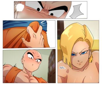 1boy 1girl android_18 bald bald_male black_eyes blonde_hair blue_eyes blush couple dragon_ball embarrassed erection excited excited_for_sex happy husband_and_wife kuririn muscular muscular_male sarulart serious smile touching_another&#039;s_crotch