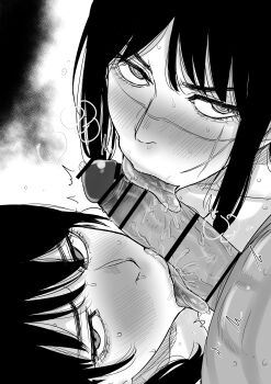 1boy 2girls absurdres bar_censor censored chainsaw_man commentary_request cooperative_fellatio cross_scar facial_scar fellatio greyscale hetero highres kaiman_garupan licking licking_penis looking_at_viewer mitaka_asa monochrome multiple_girls oral penis precum ringed_eyes scar scar_on_cheek scar_on_face teamwork_(sexual) yoru_(chainsaw_man)