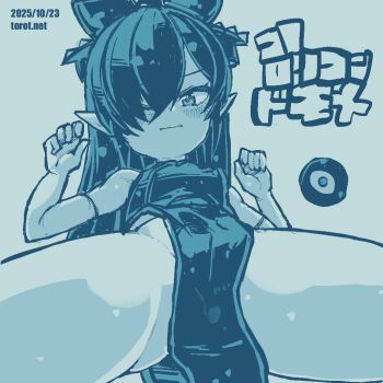 1girl alternate_costume backbeako_(torotei) backbeard bare_shoulders blue_background blue_theme blush bow breasts china_dress chinese_clothes closed_mouth commentary dated dated_commentary dress elbow_gloves gegege_no_kitarou gloves groin hair_bow hair_down hair_over_one_eye hands_up kono_lolicon_domome loli long_hair looking_at_viewer lying monochrome no_panties on_back one_eye_closed original paid_reward_available pointy_ears simple_background sleeveless small_breasts solo spread_legs thighs torotei translated very_long_hair watermark wavy_mouth web_address