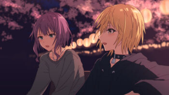 2girls :d black_choker black_hoodie blonde_hair blue_eyes choker collarbone commentary d4dj grey_shirt hidaka_saori highres hood hood_down hoodie jewelry long_sleeves looking_ahead multiple_girls necklace night open_mouth outdoors profile purple_hair shirt short_hair sidelocks smile tsukimiyama_nagisa yellow_eyes yukitake_(bullfalk)